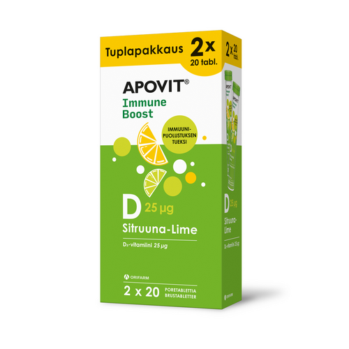 Apovit Immune Boost D-vitamiini sitruuna-lime tuplapakkaus 2 x 20 poretablettia KESTO: 31.12.2025