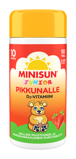 Minisun D-Vitamiini 10 mikrog Junior Nalle 100 purutabl mansikka