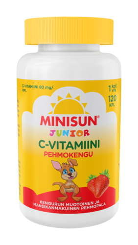 Minisun C-vitamiini Pehmokengu mansikka 120 kpl KESTO: 15.8.2025 Rajoitettu erä.