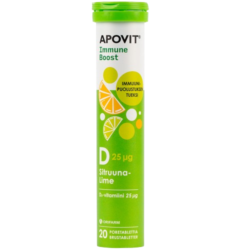 Apovit Immune Boost D-vitamiini sitruuna-lime 20 poretablettia KESTO: 31.8.2025 Rajoitettu erä.