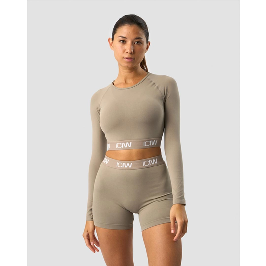 Icaniwill Define Seamless Logo Long Sleeve Crop Top Taupe M