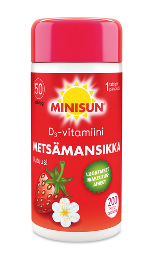 Minisun D-vitamiini 50 Mikrog metsämansikka 200 purutabl
