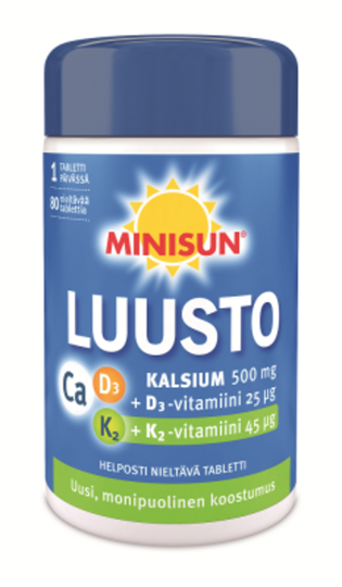 Minisun Kalsium+D 25 mikrog+K2 45 mikrog 80 tabl (kalsium 500 mg)