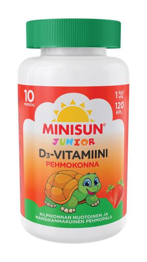 Minisun D-vitamiini Pehmokonna Mansikka 10 mikrog 120 purutabl